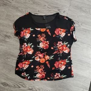 Black and red floral shirt with sheer top